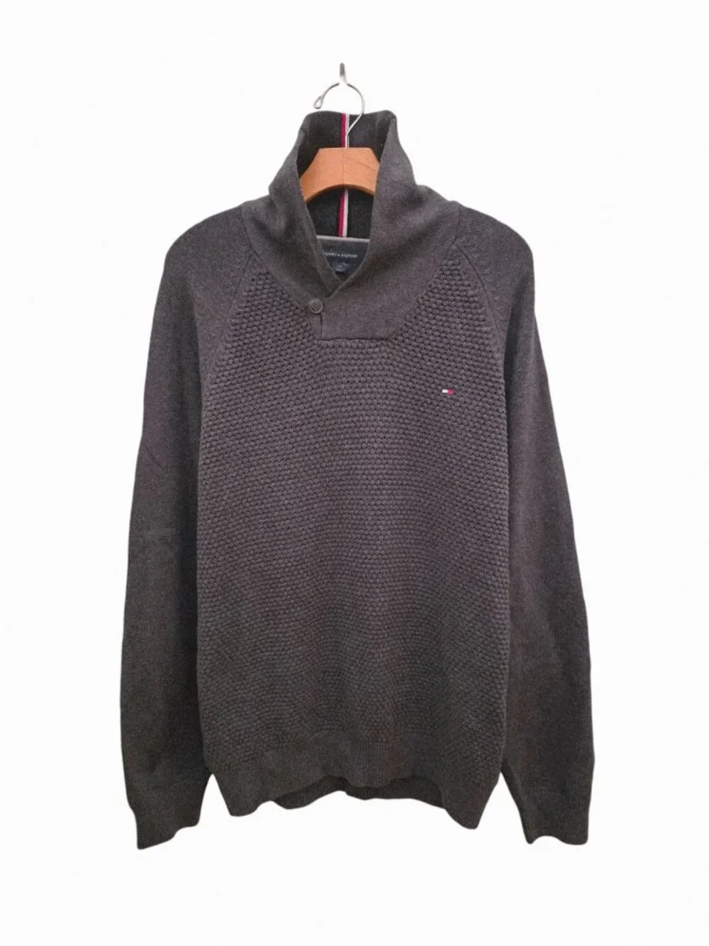 Tommy Hilfiger Waffle Knit Shawl-Collar Pullover Cotton Sweater Gray Men's Sz L